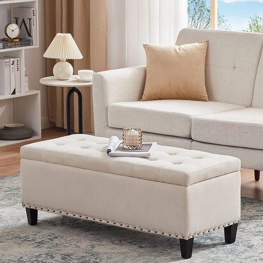 Ottoman with Storage, 41-Inch Upholstered Fabric Storage Ottoman with Safety Hinge, Storage Bench with Button-Tufted, Ottoman Bench for Bedroom, Entryway, Living Room, End of Bed Bench (Ivory)
