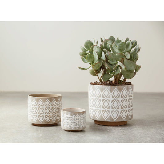 Various round Stoneware Planters with Geometric Patterns, White and Grey, Set of 3