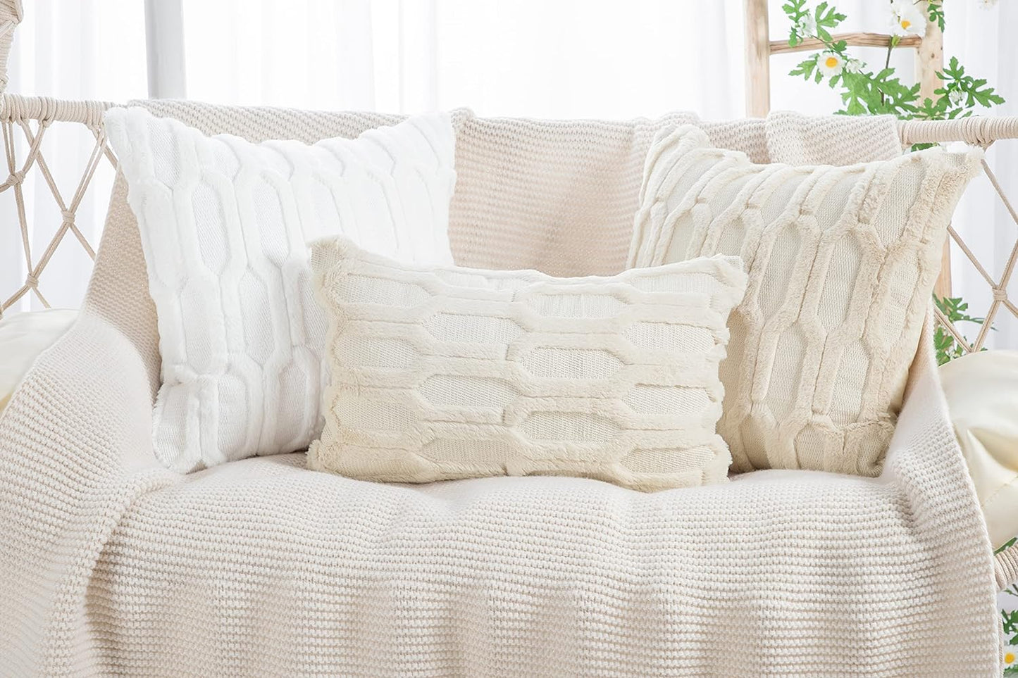Plush Short Wool Beige Throw Pillow Covers 20X20 Inch Set of 2 Super Soft Cozy Pillow Covers Velvet Back Decorative Throw Pillowcases for Sofa Livingroom Couch Bed