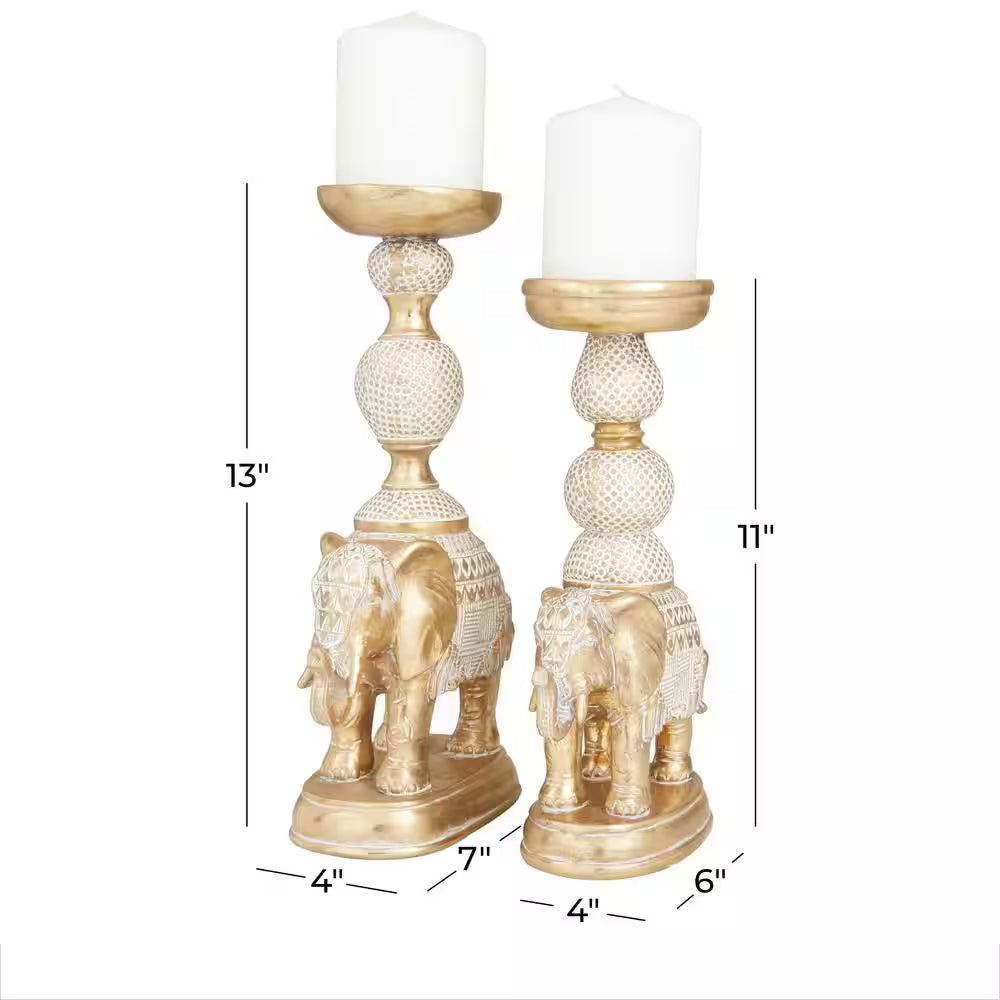 White Polystone Elephant Candle Holder with White Wash Finish (Set of 2)