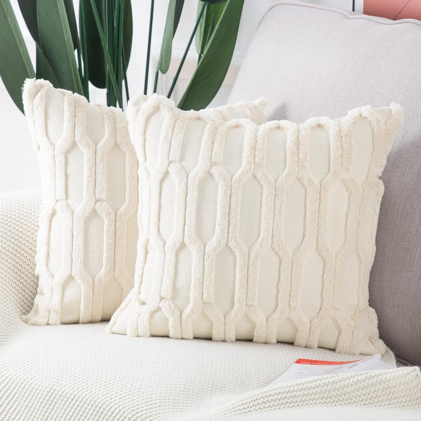 Plush Short Wool Beige Throw Pillow Covers 20X20 Inch Set of 2 Super Soft Cozy Pillow Covers Velvet Back Decorative Throw Pillowcases for Sofa Livingroom Couch Bed