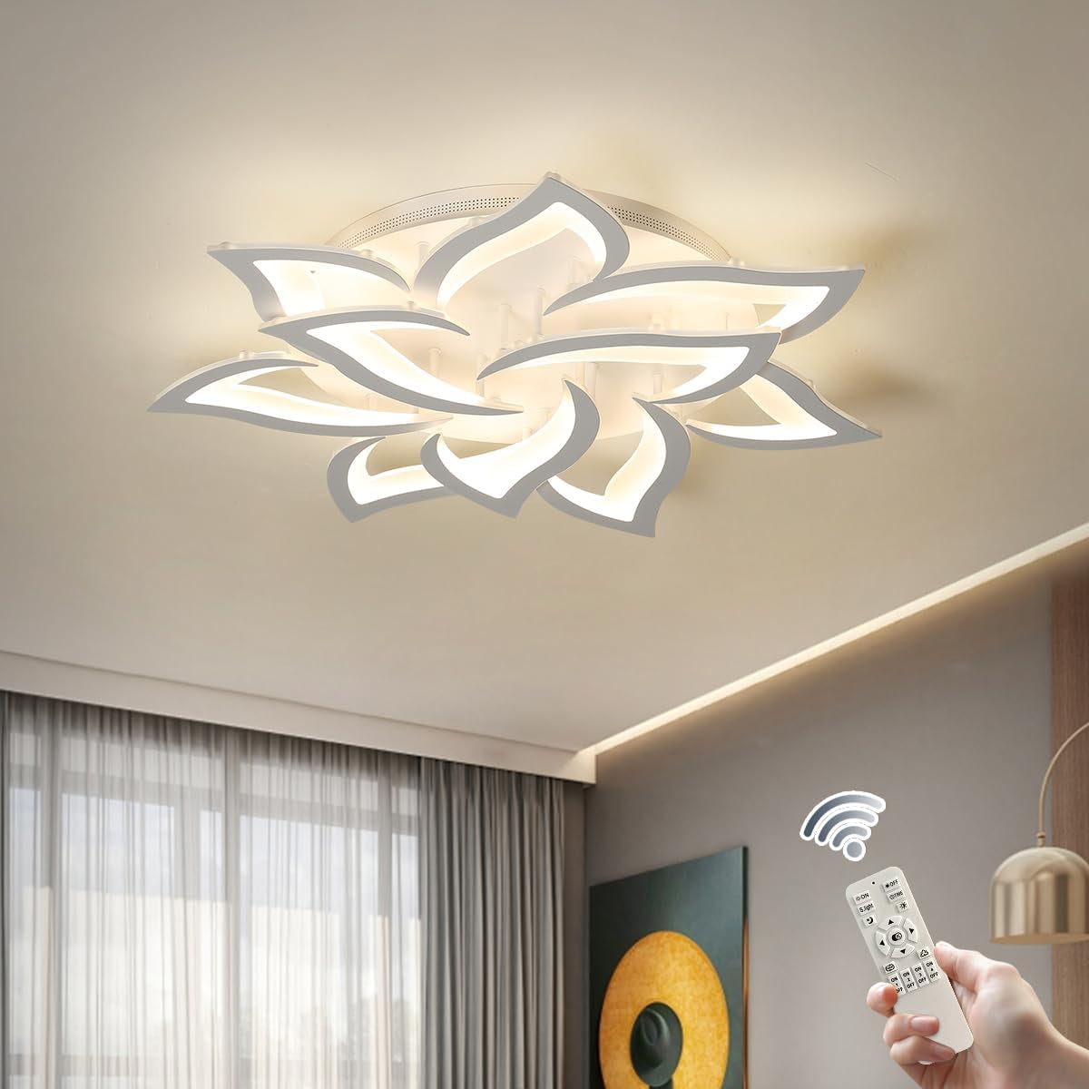 Dimmable LED Ceiling Light, 72W Modern Acrylic Flush Mount Ceiling Lamp with Remote Control Metal Flower Shape Chandelier Lighting Fixture for Living Room Bedroom Kitchen
