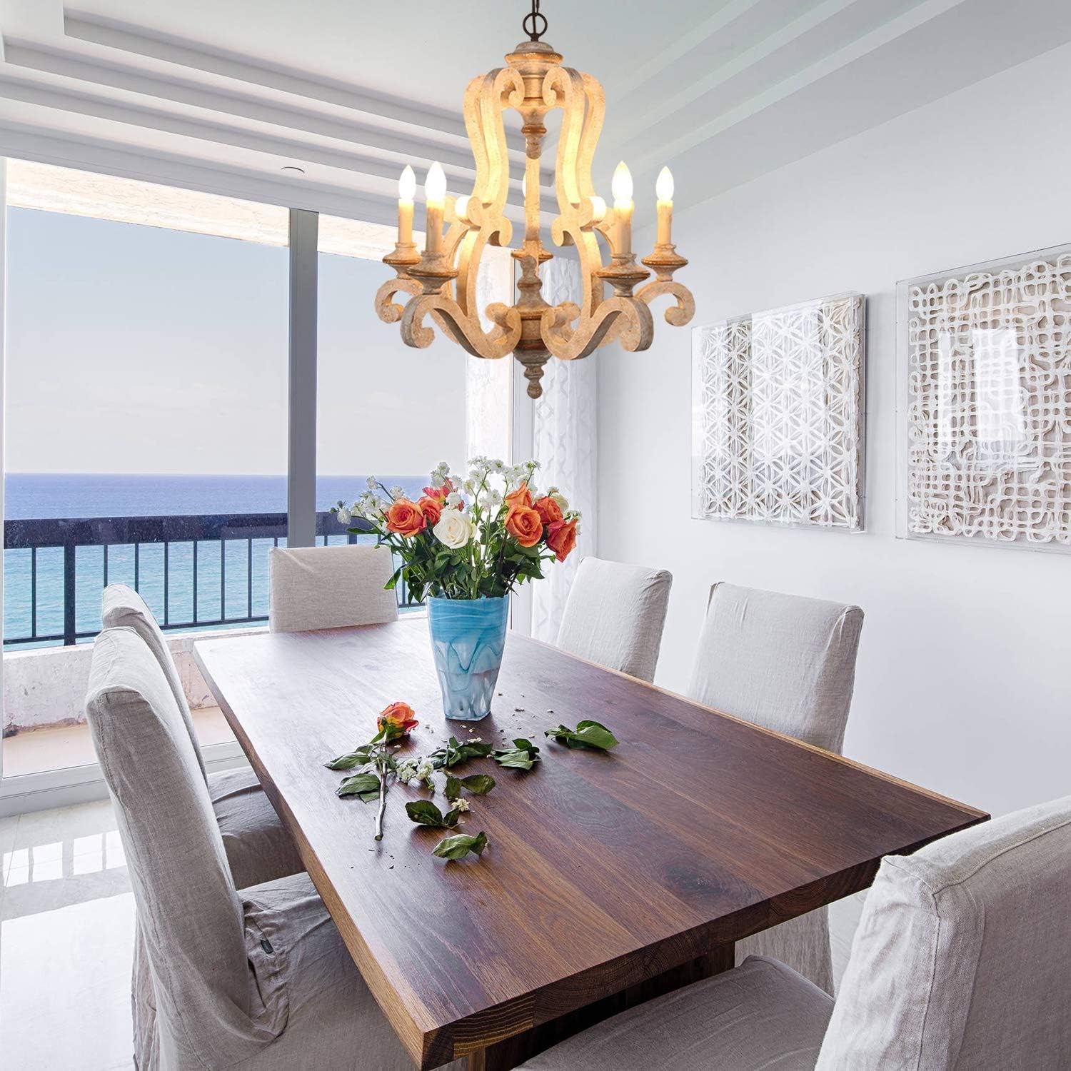 5-Light Farmhouse Chandeleir, Distressed White Wood Chandelier Dining Room Chandelier for Kitchen, Living Room, Bedroom, Entry, Stairway