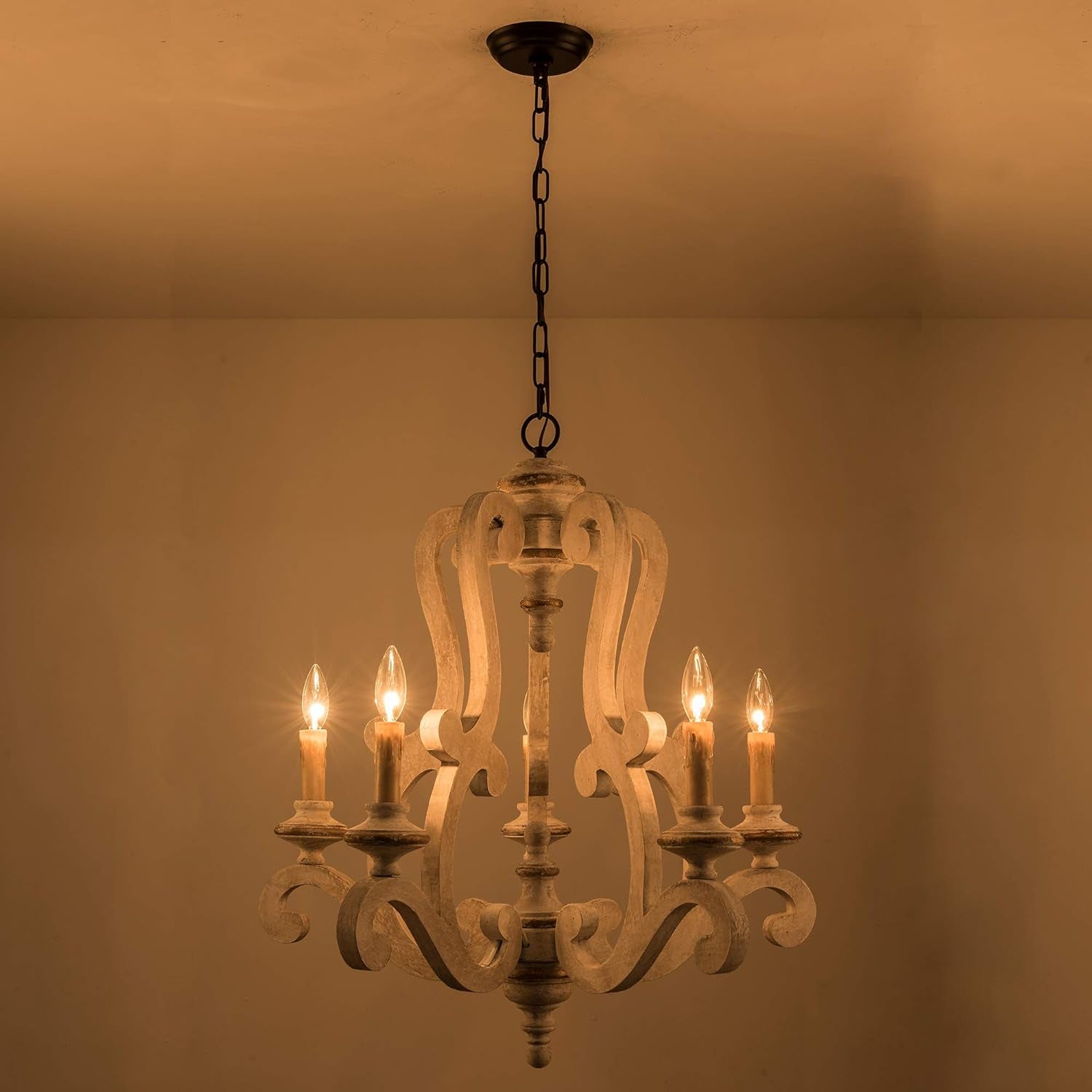 5-Light Farmhouse Chandeleir, Distressed White Wood Chandelier Dining Room Chandelier for Kitchen, Living Room, Bedroom, Entry, Stairway