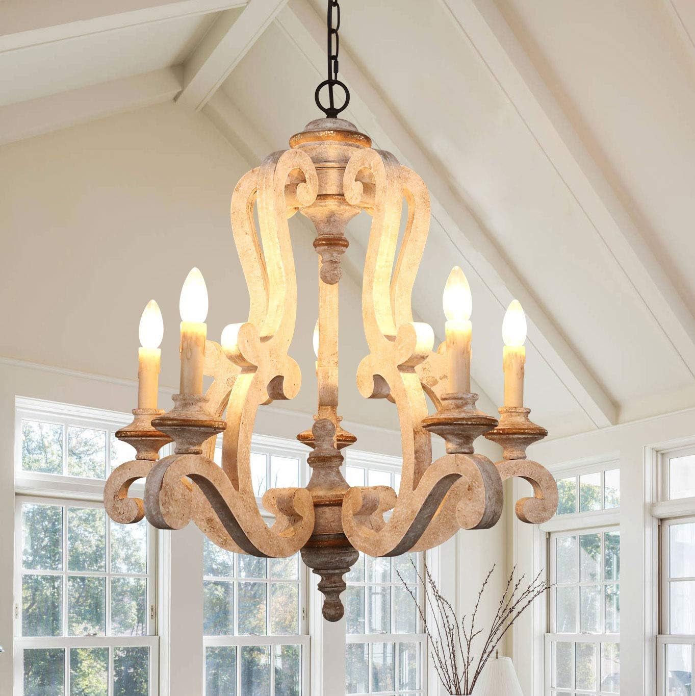 5-Light Farmhouse Chandeleir, Distressed White Wood Chandelier Dining Room Chandelier for Kitchen, Living Room, Bedroom, Entry, Stairway