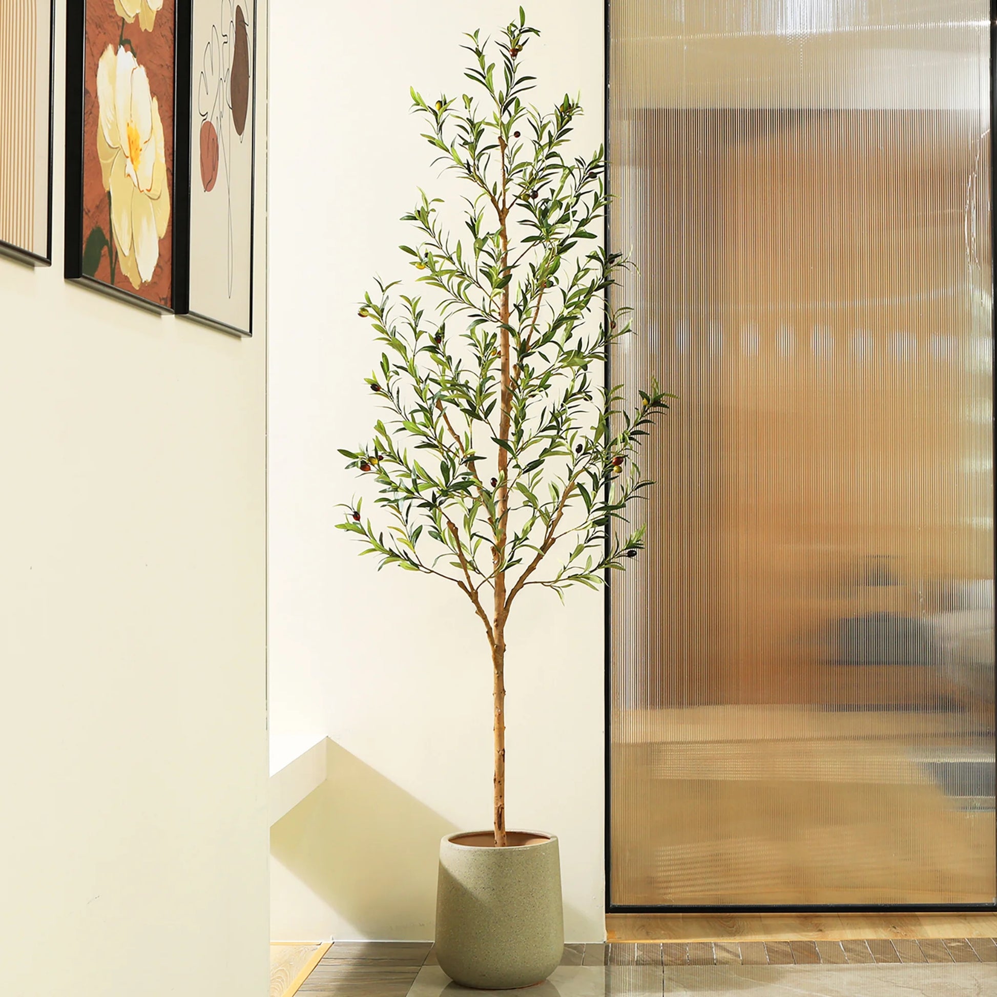 7FT Artificial Olive Tree with Fruits and Wood Branches, Potted Faux Olive Plants. 12 Lb.