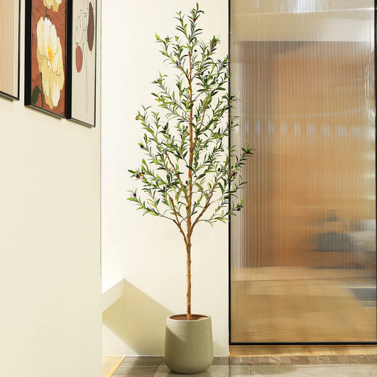 7FT Artificial Olive Tree with Fruits and Wood Branches, Potted Faux Olive Plants. 12 Lb.
