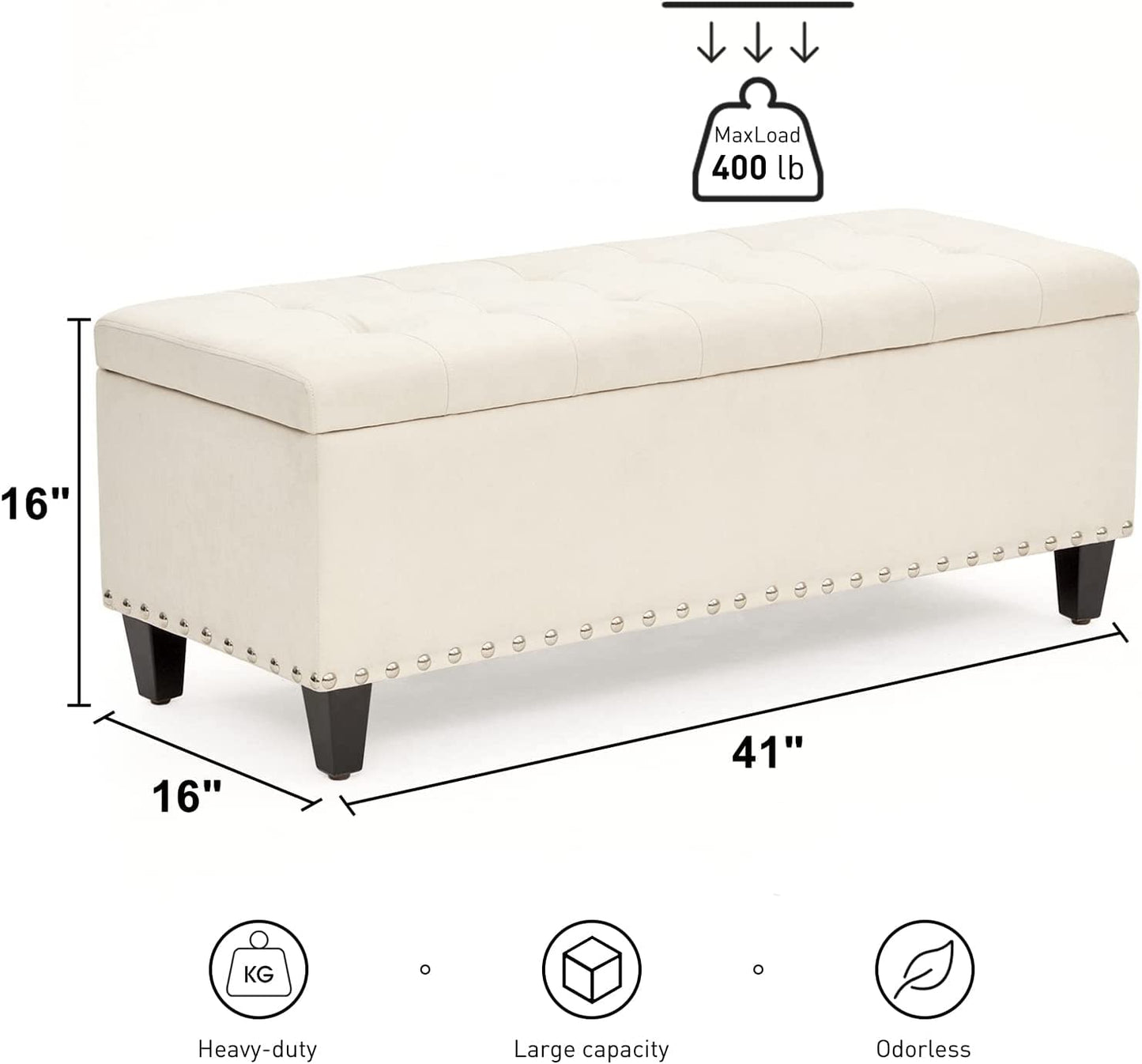 Ottoman with Storage, 41-Inch Upholstered Fabric Storage Ottoman with Safety Hinge, Storage Bench with Button-Tufted, Ottoman Bench for Bedroom, Entryway, Living Room, End of Bed Bench (Ivory)