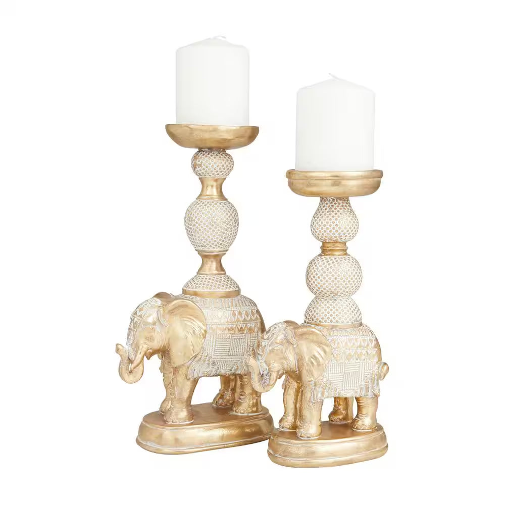 White Polystone Elephant Candle Holder with White Wash Finish (Set of 2)