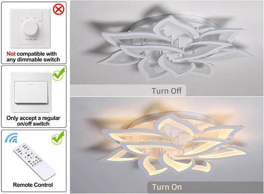Dimmable LED Ceiling Light, 72W Modern Acrylic Flush Mount Ceiling Lamp with Remote Control Metal Flower Shape Chandelier Lighting Fixture for Living Room Bedroom Kitchen