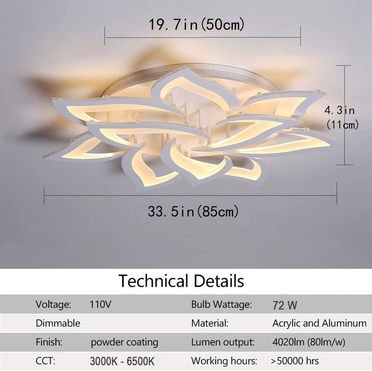 Dimmable LED Ceiling Light, 72W Modern Acrylic Flush Mount Ceiling Lamp with Remote Control Metal Flower Shape Chandelier Lighting Fixture for Living Room Bedroom Kitchen