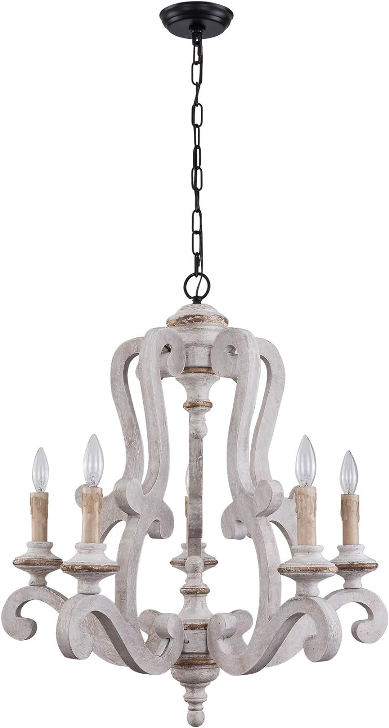 5-Light Farmhouse Chandeleir, Distressed White Wood Chandelier Dining Room Chandelier for Kitchen, Living Room, Bedroom, Entry, Stairway
