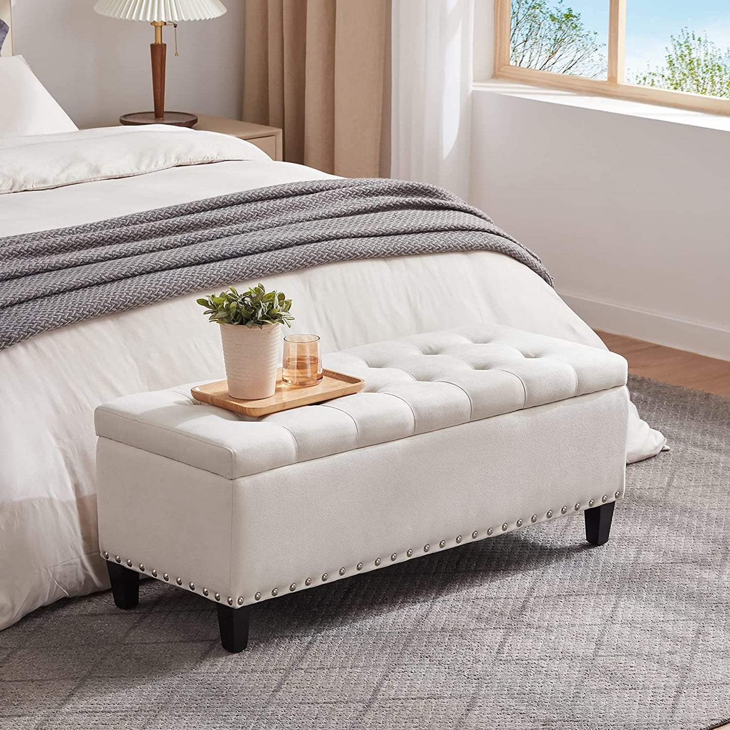 Ottoman with Storage, 41-Inch Upholstered Fabric Storage Ottoman with Safety Hinge, Storage Bench with Button-Tufted, Ottoman Bench for Bedroom, Entryway, Living Room, End of Bed Bench (Ivory)