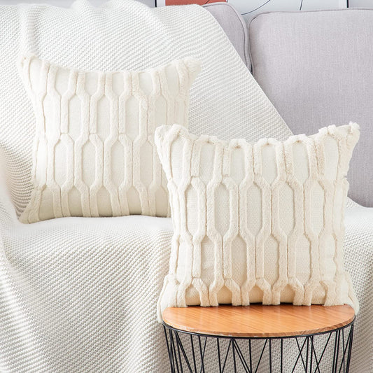 Plush Short Wool Beige Throw Pillow Covers 20X20 Inch Set of 2 Super Soft Cozy Pillow Covers Velvet Back Decorative Throw Pillowcases for Sofa Livingroom Couch Bed
