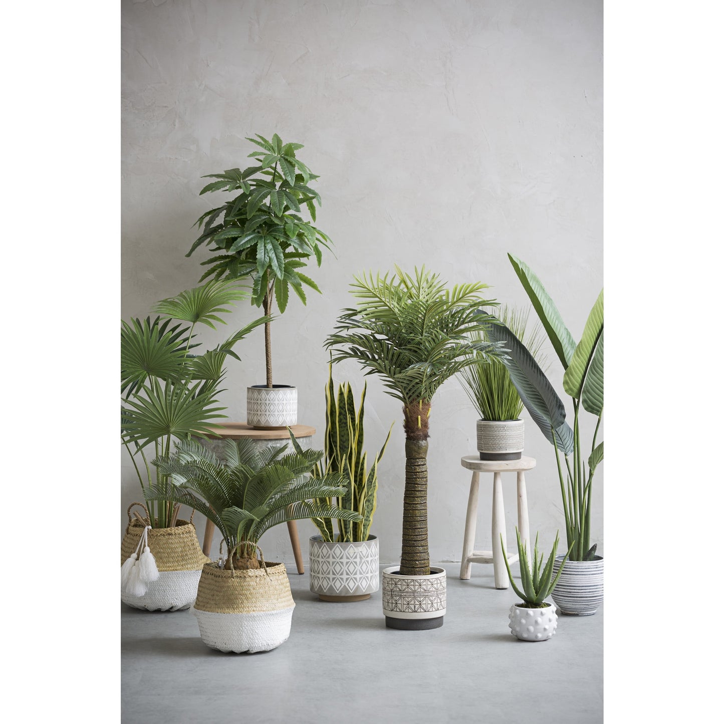 Various round Stoneware Planters with Geometric Patterns, White and Grey, Set of 3