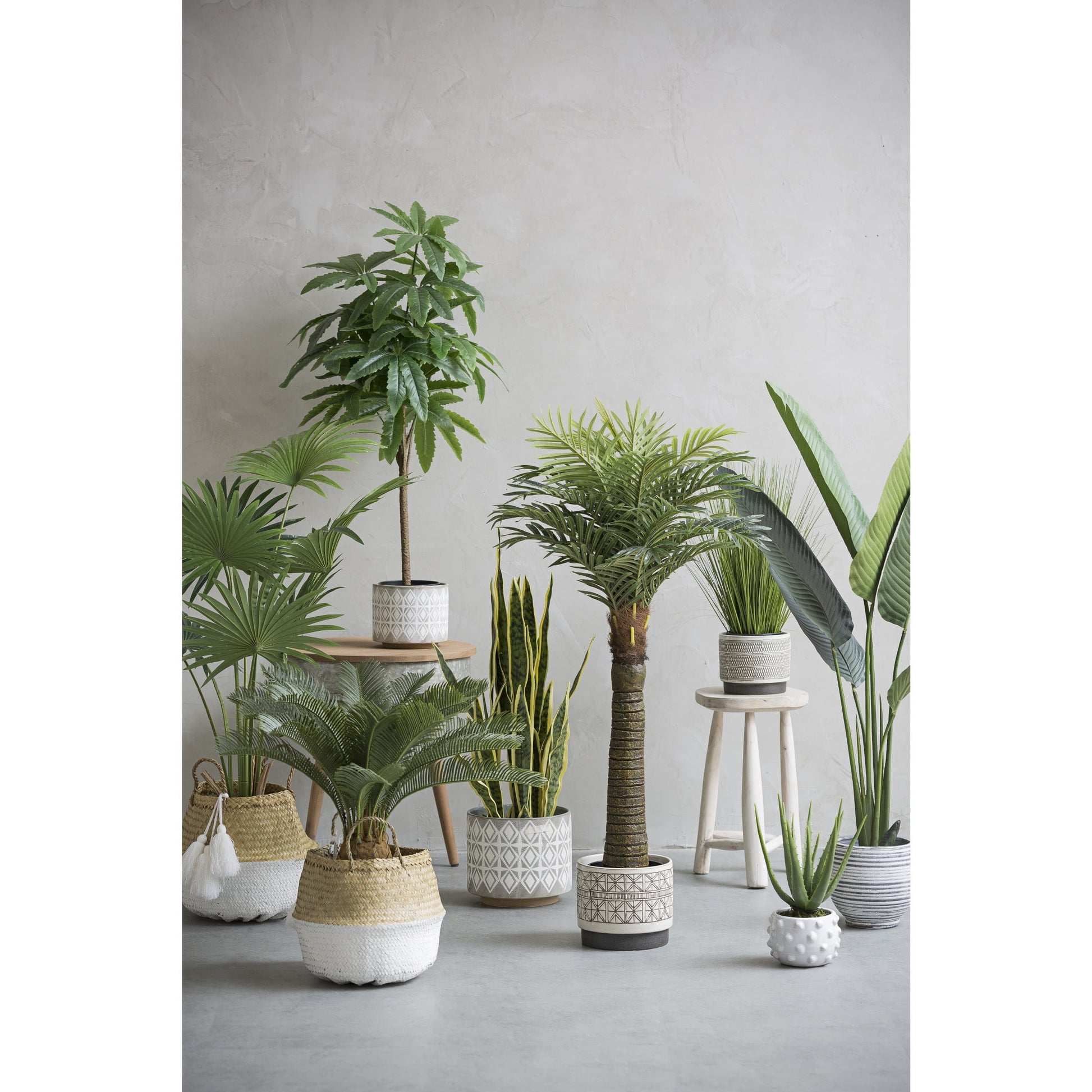 Various round Stoneware Planters with Geometric Patterns, White and Grey, Set of 3