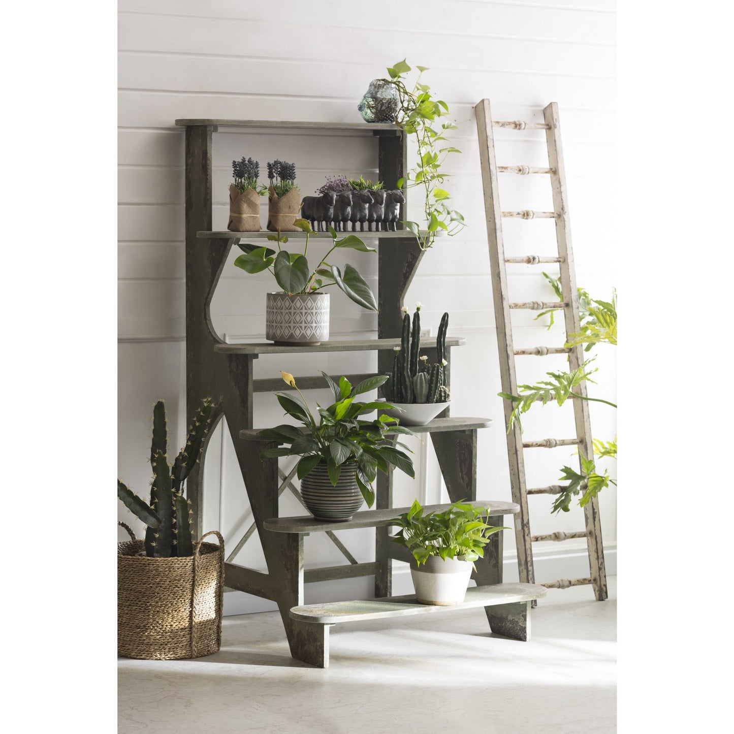 Various round Stoneware Planters with Geometric Patterns, White and Grey, Set of 3