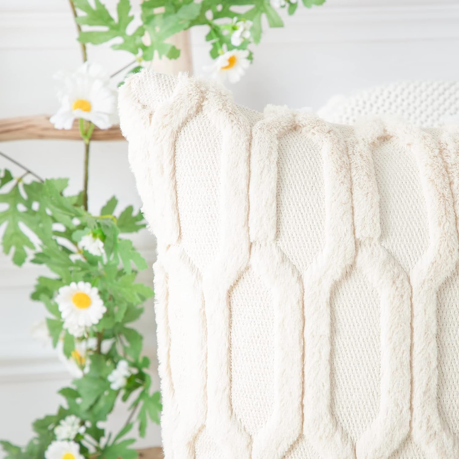 Plush Short Wool Beige Throw Pillow Covers 20X20 Inch Set of 2 Super Soft Cozy Pillow Covers Velvet Back Decorative Throw Pillowcases for Sofa Livingroom Couch Bed