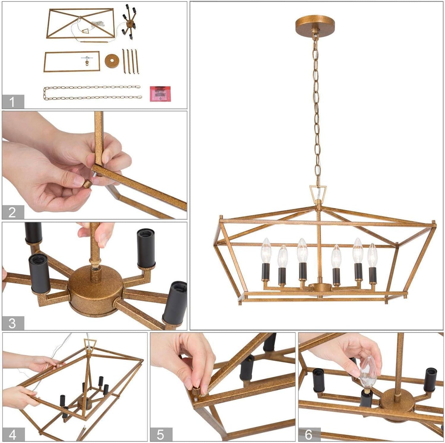 Farmhouse Chandeliers for Dining Room, 6-Light Gold Chandelier, 23.5“ Handmade Distressed Gold Dot Medium Island Lights for Kitchen