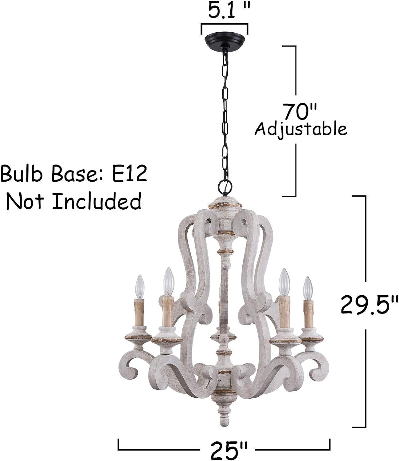 5-Light Farmhouse Chandeleir, Distressed White Wood Chandelier Dining Room Chandelier for Kitchen, Living Room, Bedroom, Entry, Stairway