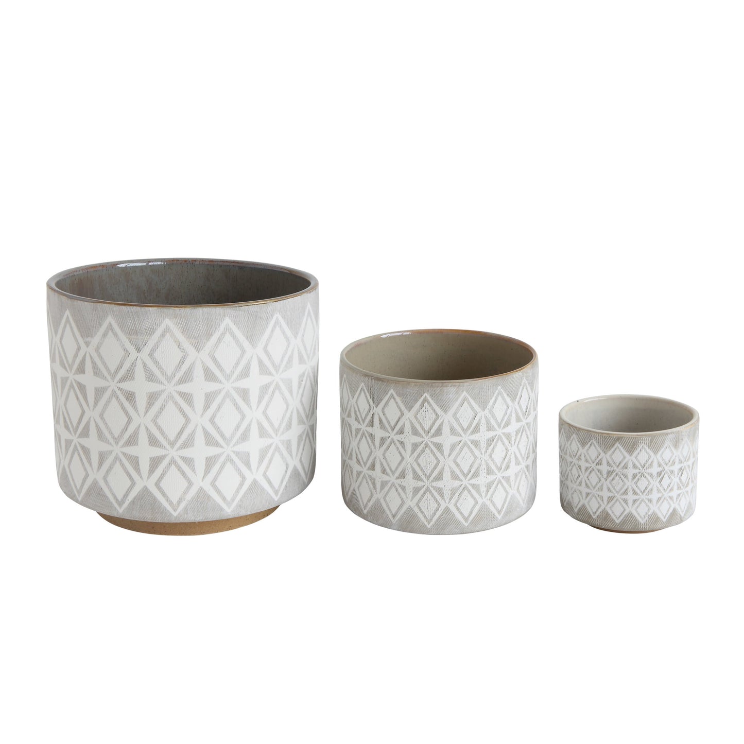 Various round Stoneware Planters with Geometric Patterns, White and Grey, Set of 3