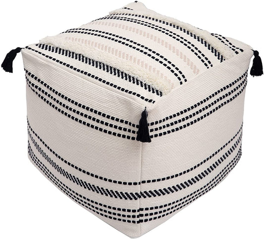 Unstuffed Ottoman Pouf, Square and Striped, Morocco Tufted Boho Foot Rest, Pouf Cover with Big Tassels, Decorative Stool for Bedroom and Living Room, (18X18X16 Inches, Black and Cream)