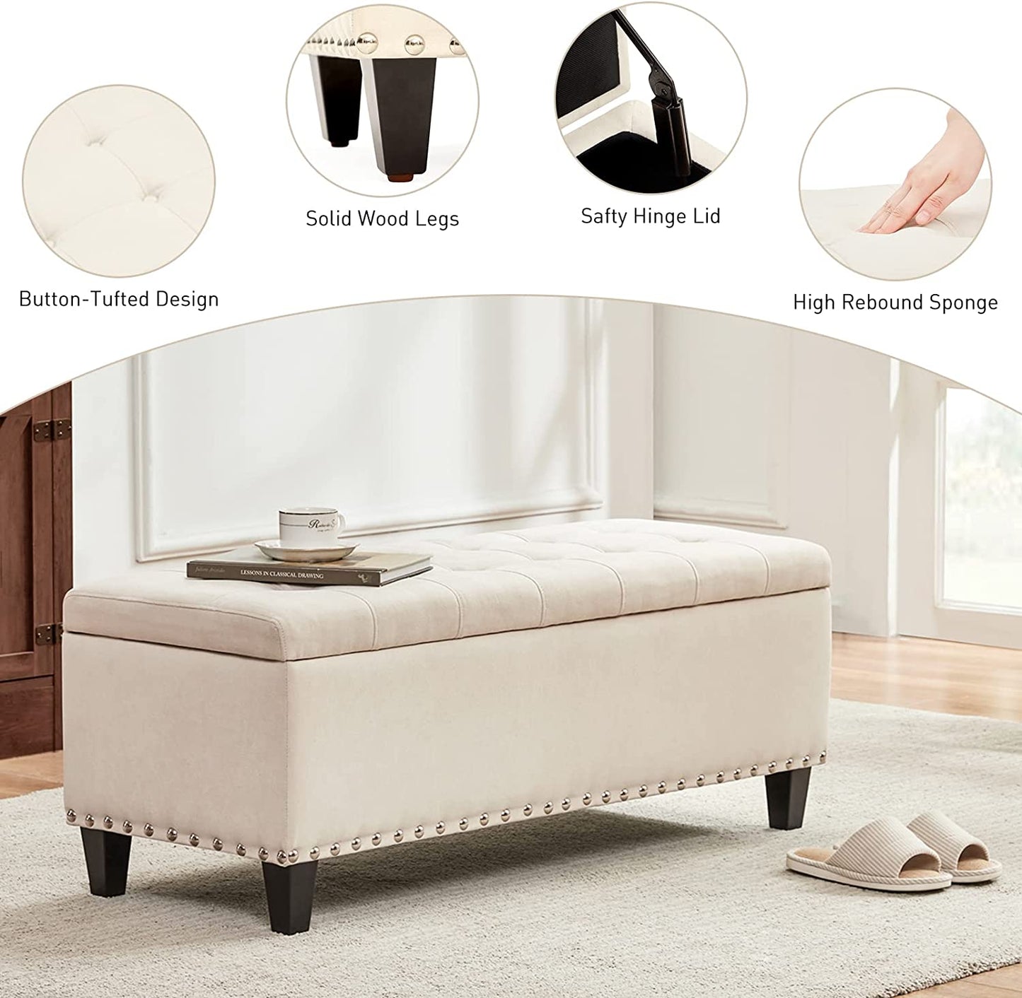Ottoman with Storage, 41-Inch Upholstered Fabric Storage Ottoman with Safety Hinge, Storage Bench with Button-Tufted, Ottoman Bench for Bedroom, Entryway, Living Room, End of Bed Bench (Ivory)