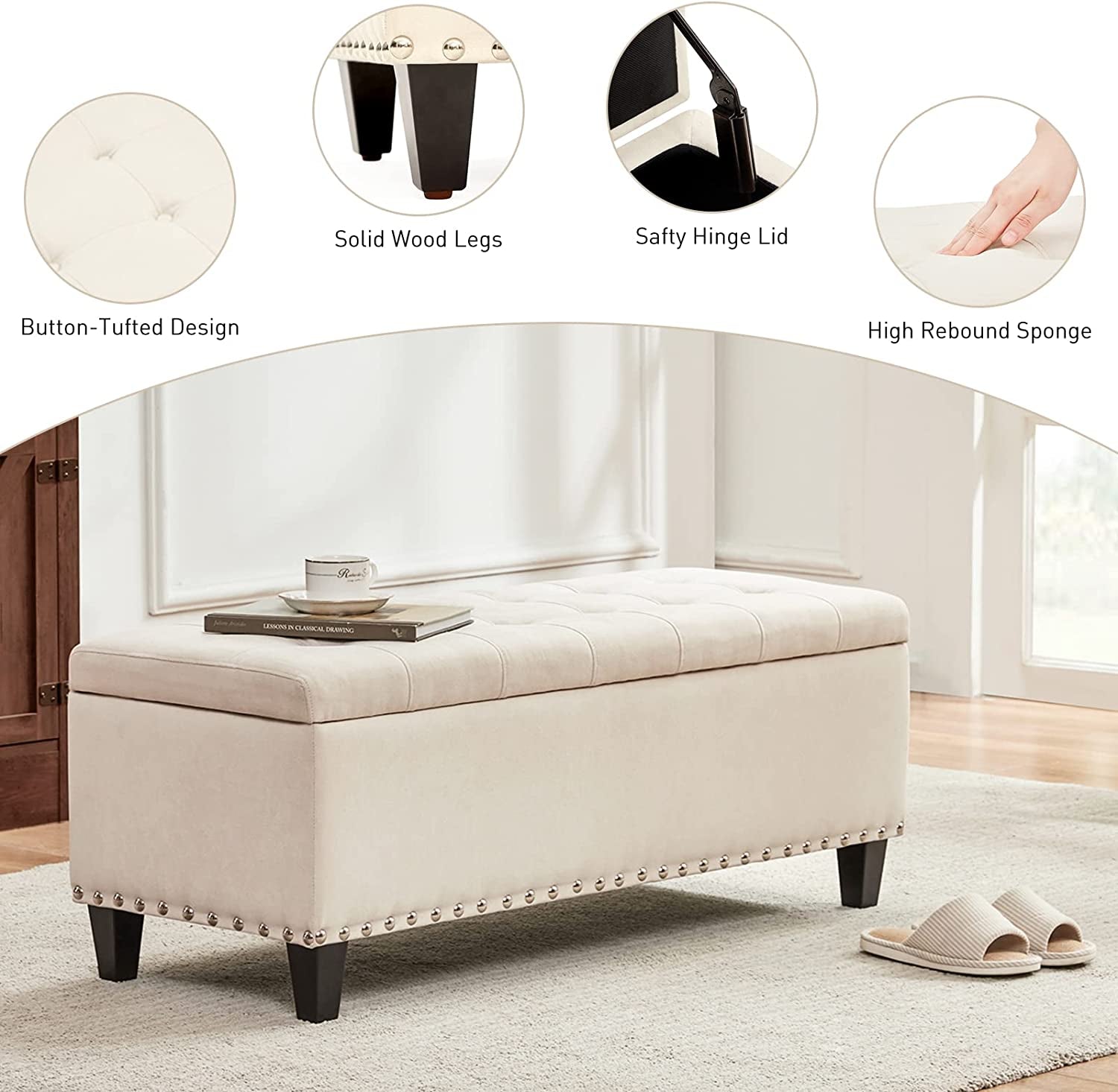 Ottoman with Storage, 41-Inch Upholstered Fabric Storage Ottoman with Safety Hinge, Storage Bench with Button-Tufted, Ottoman Bench for Bedroom, Entryway, Living Room, End of Bed Bench (Ivory)