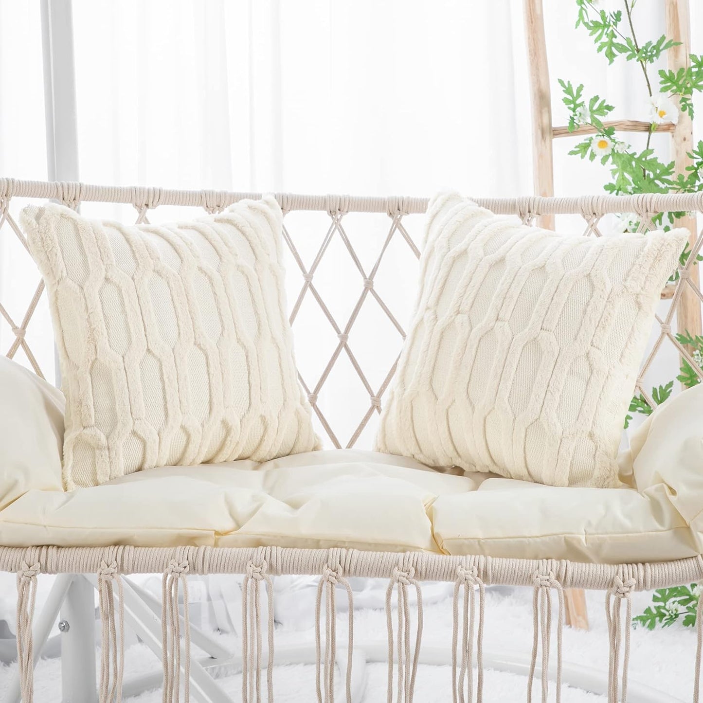 Plush Short Wool Beige Throw Pillow Covers 20X20 Inch Set of 2 Super Soft Cozy Pillow Covers Velvet Back Decorative Throw Pillowcases for Sofa Livingroom Couch Bed