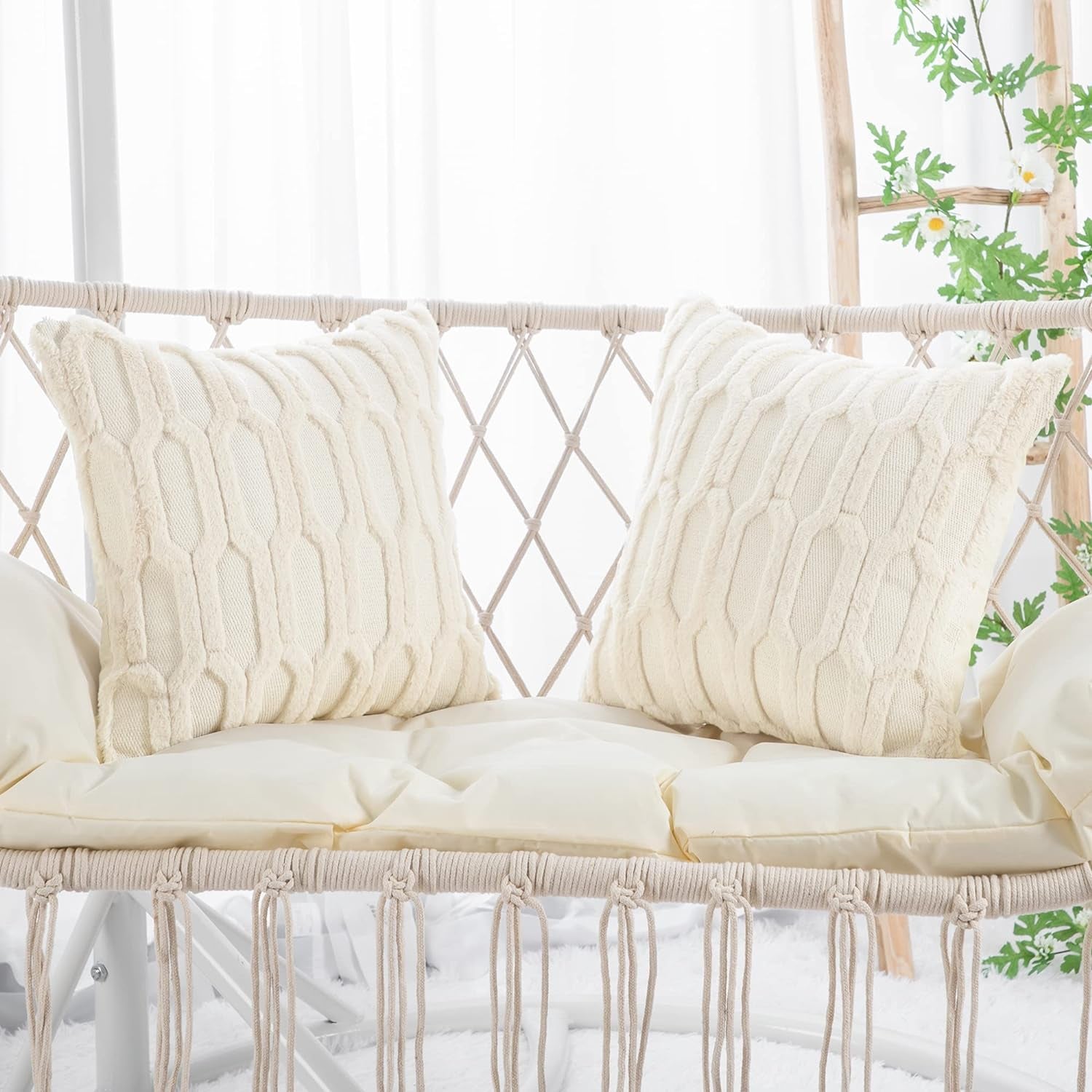 Plush Short Wool Beige Throw Pillow Covers 20X20 Inch Set of 2 Super Soft Cozy Pillow Covers Velvet Back Decorative Throw Pillowcases for Sofa Livingroom Couch Bed