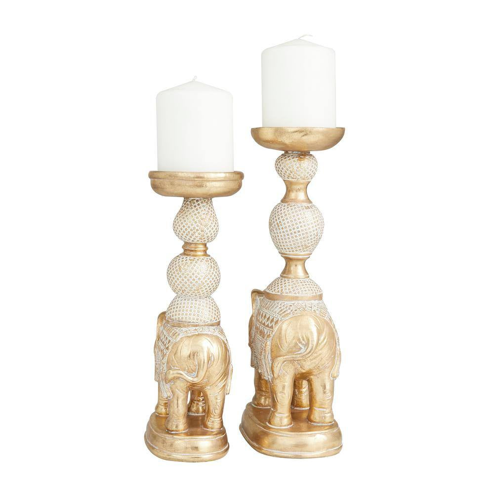 White Polystone Elephant Candle Holder with White Wash Finish (Set of 2)
