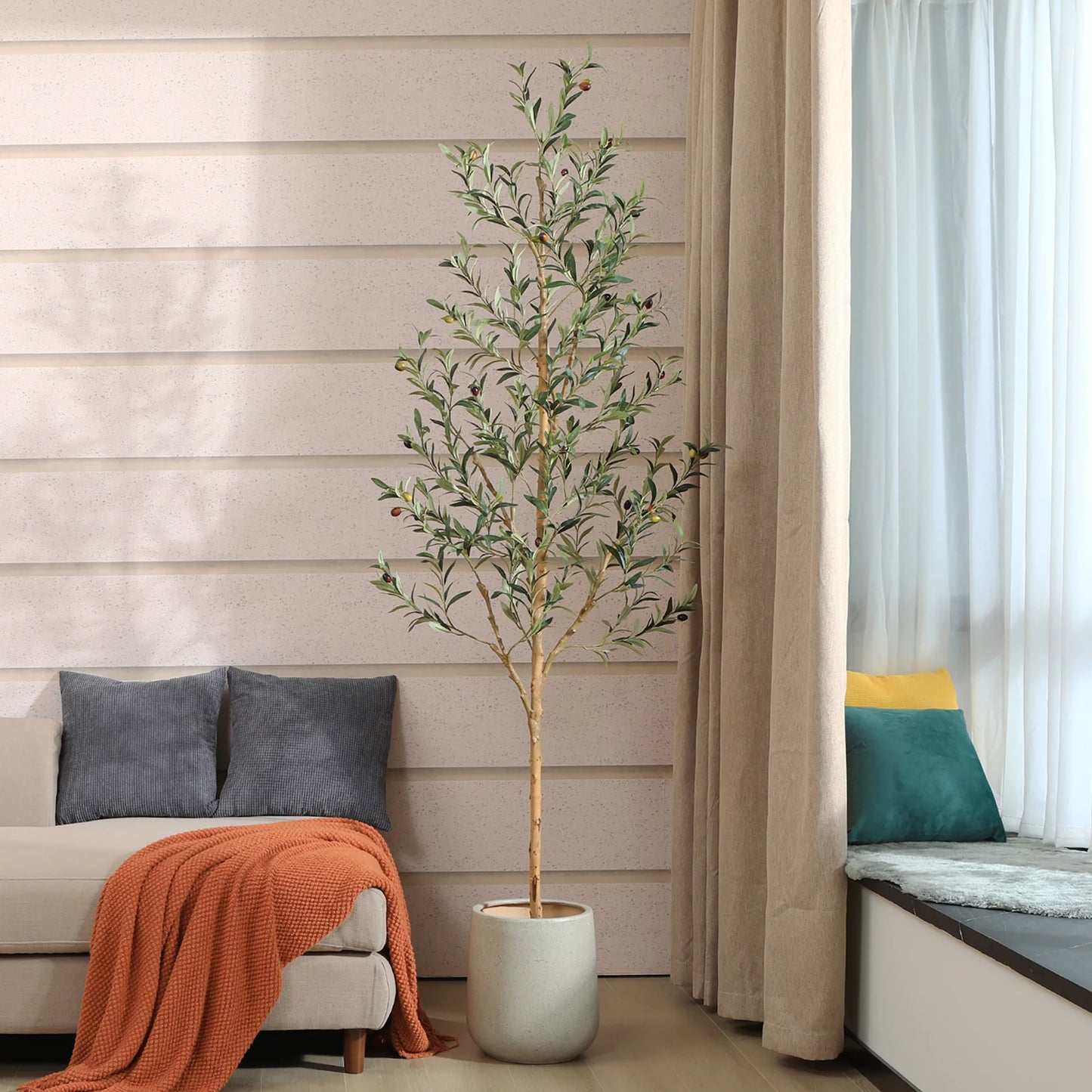 7FT Artificial Olive Tree with Fruits and Wood Branches, Potted Faux Olive Plants. 12 Lb.