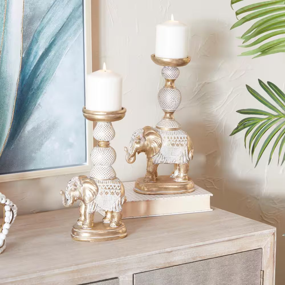 White Polystone Elephant Candle Holder with White Wash Finish (Set of 2)