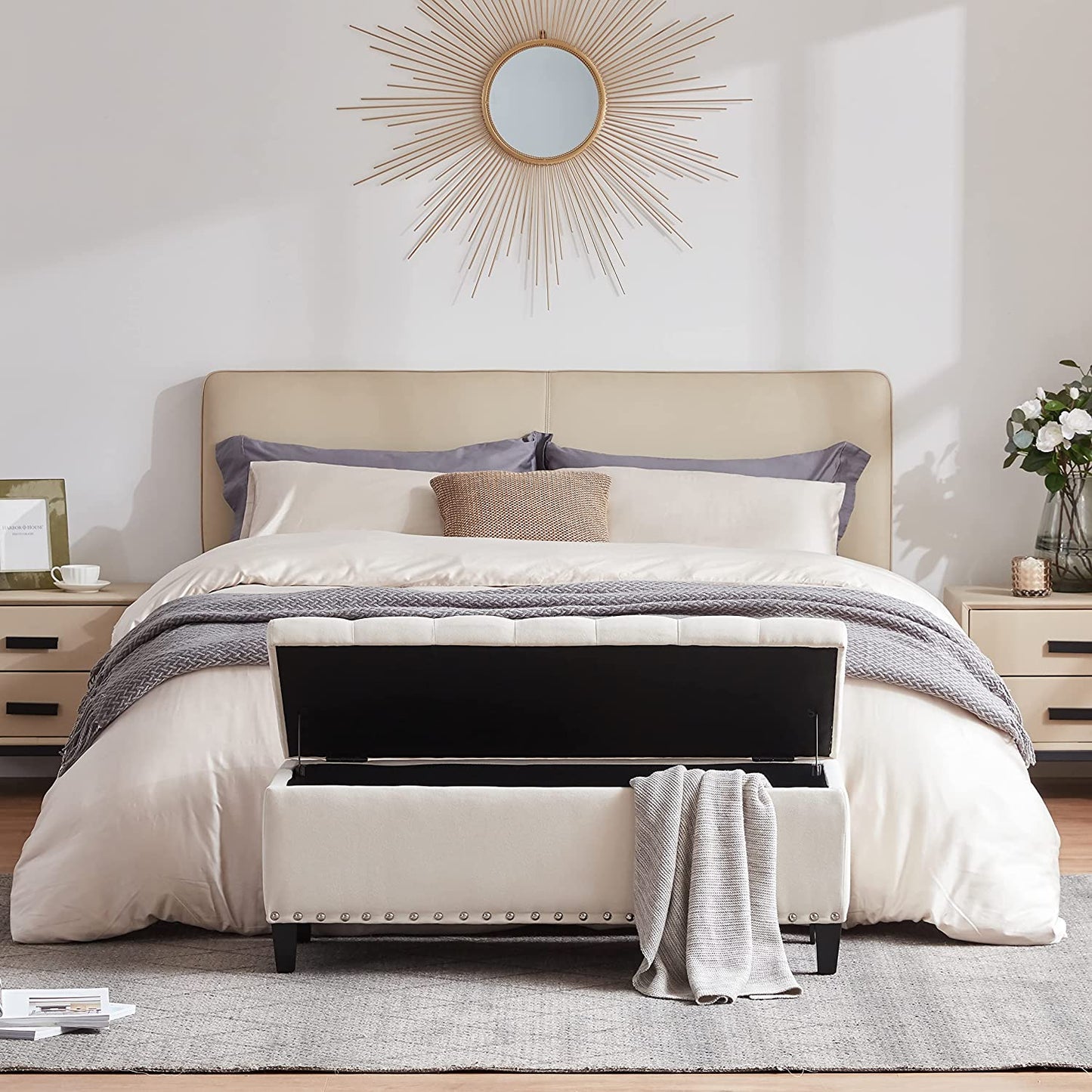 Ottoman with Storage, 41-Inch Upholstered Fabric Storage Ottoman with Safety Hinge, Storage Bench with Button-Tufted, Ottoman Bench for Bedroom, Entryway, Living Room, End of Bed Bench (Ivory)