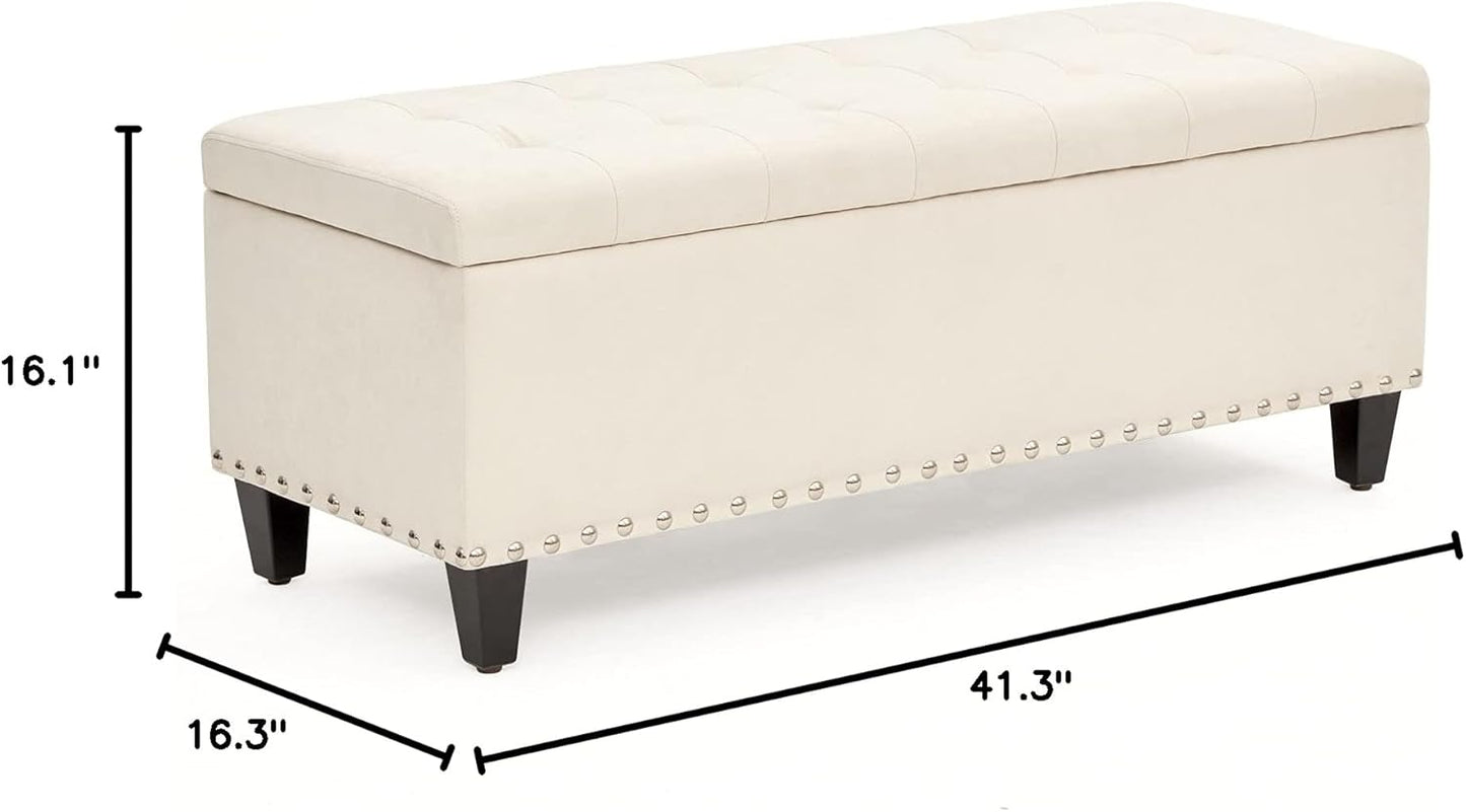 Ottoman with Storage, 41-Inch Upholstered Fabric Storage Ottoman with Safety Hinge, Storage Bench with Button-Tufted, Ottoman Bench for Bedroom, Entryway, Living Room, End of Bed Bench (Ivory)